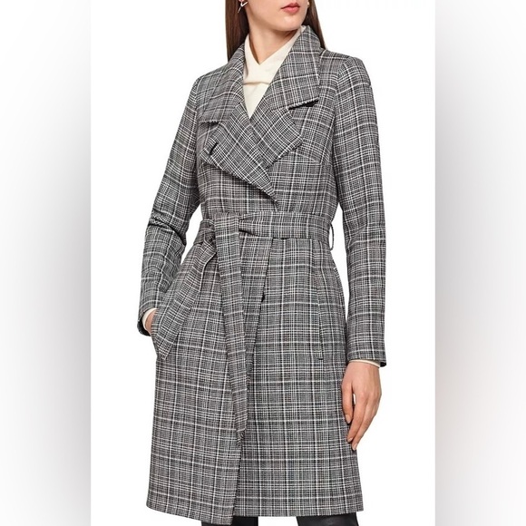 Reiss Hardie Plaid Wool Blend Coat Black White Checked 10